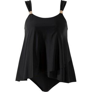 Black Tankini Swimsuit with Ruffle‎ Overlay and High Waist Bottom L